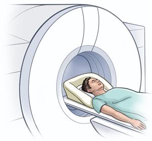 Person lying on motorized table just before entering donut-shaped machine for CT scan or MRI.
